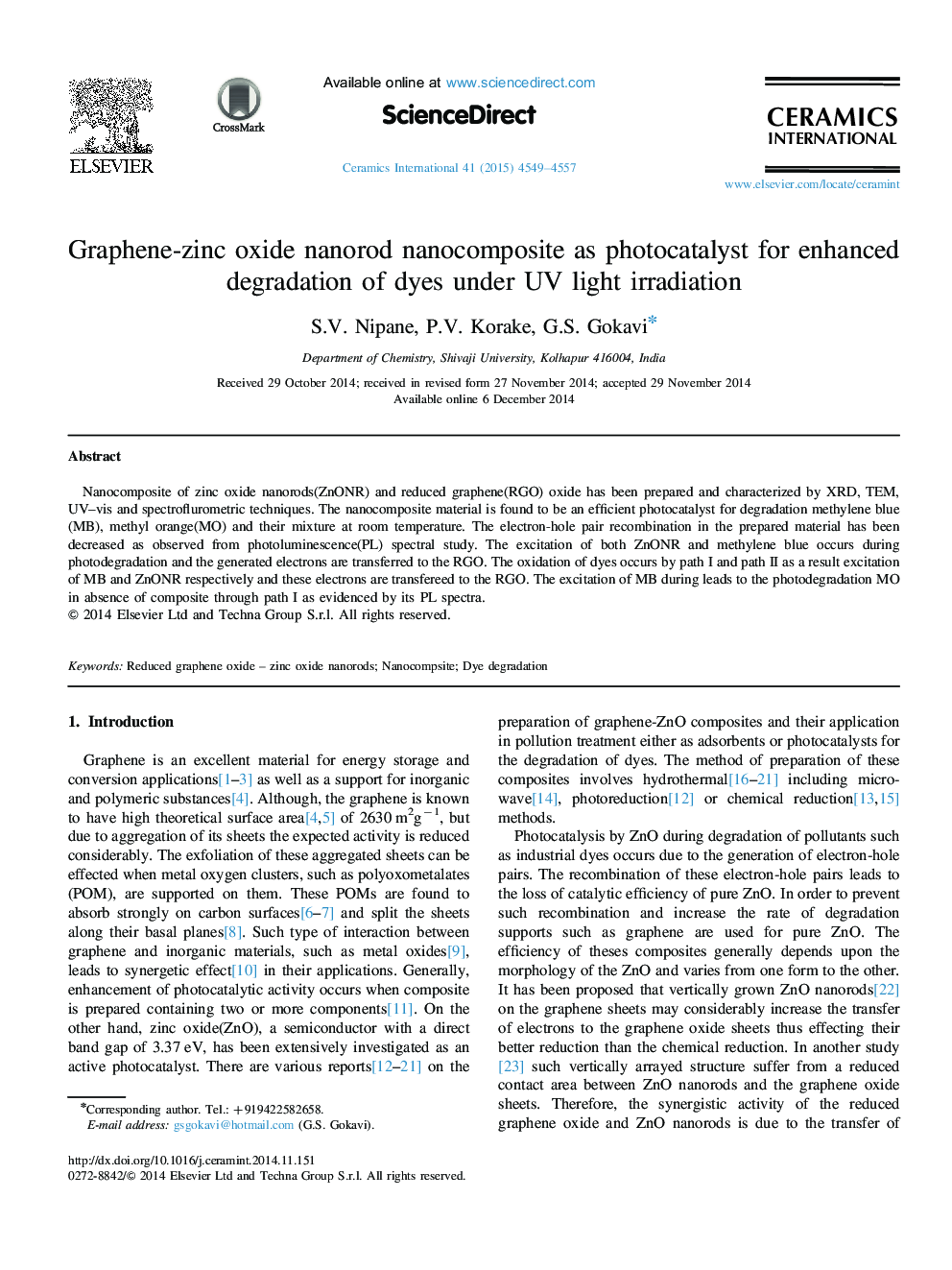 Graphene-zinc oxide nanorod nanocomposite as photocatalyst for enhanced degradation of dyes under UV light irradiation