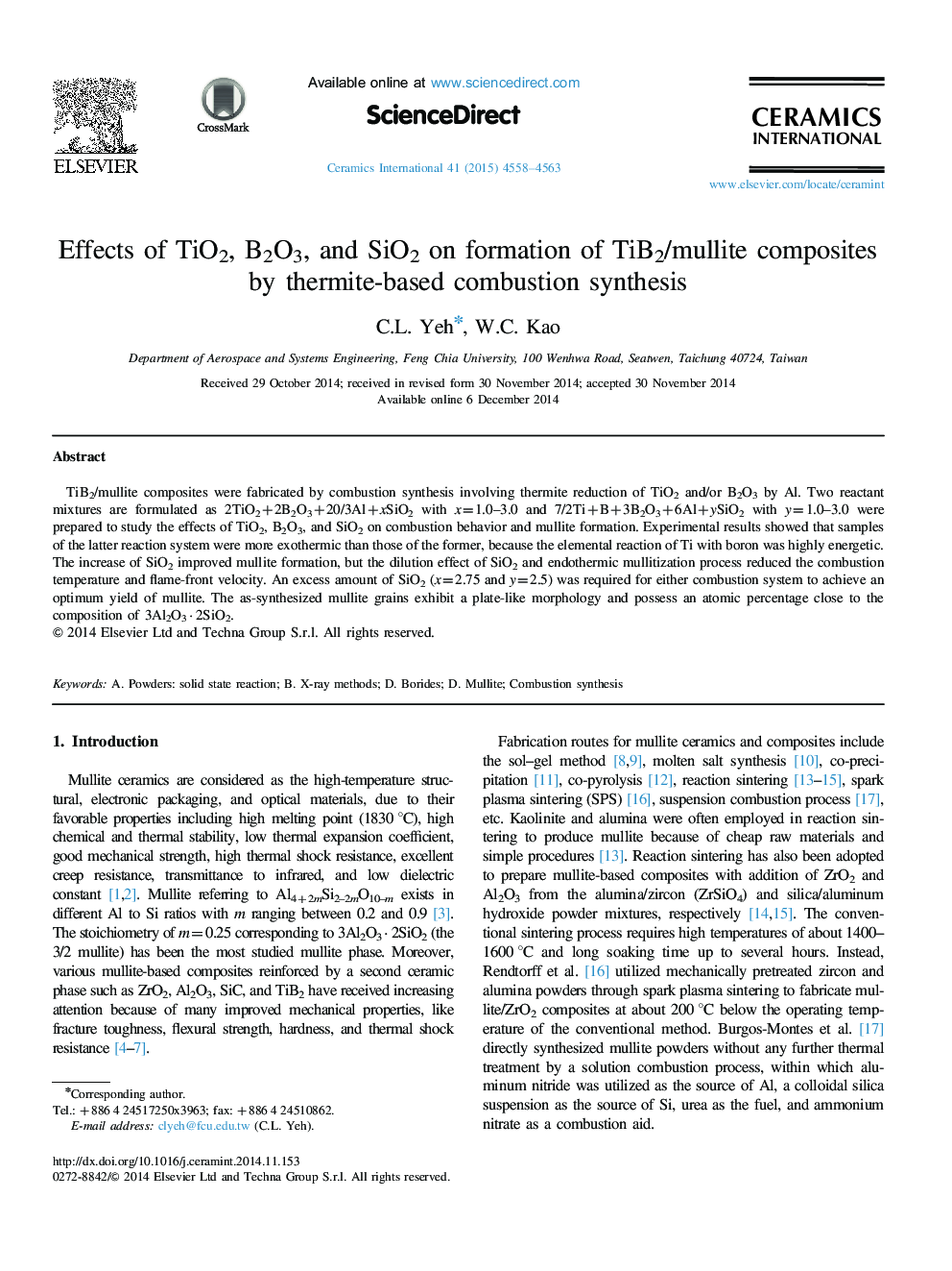 Effects of TiO2, B2O3, and SiO2 on formation of TiB2/mullite composites by thermite-based combustion synthesis