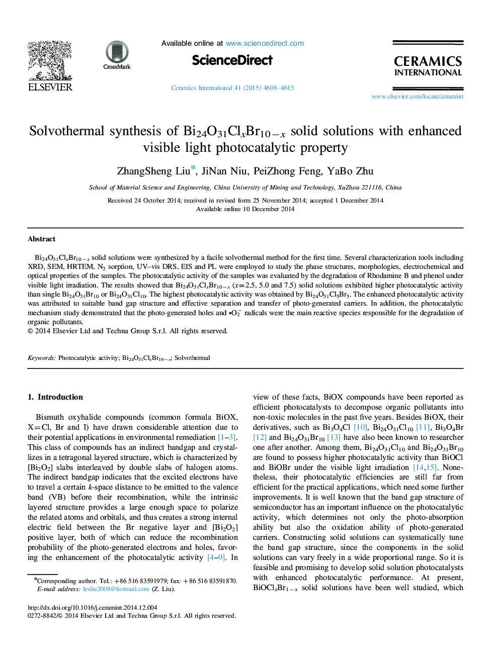 Solvothermal synthesis of Bi24O31ClxBr10−x solid solutions with enhanced visible light photocatalytic property