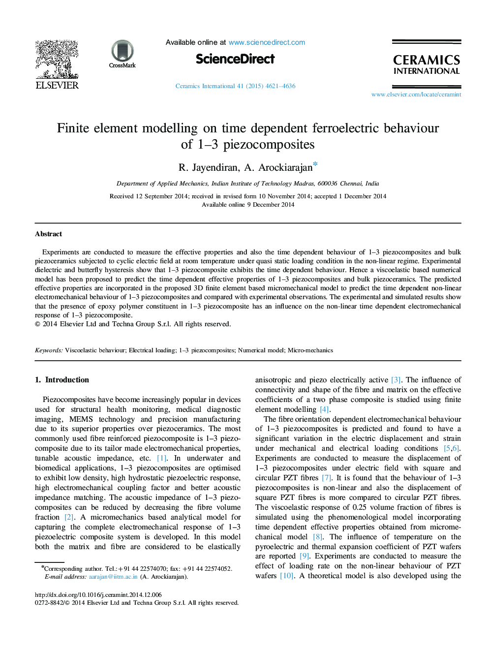 Finite element modelling on time dependent ferroelectric behaviour of 1–3 piezocomposites