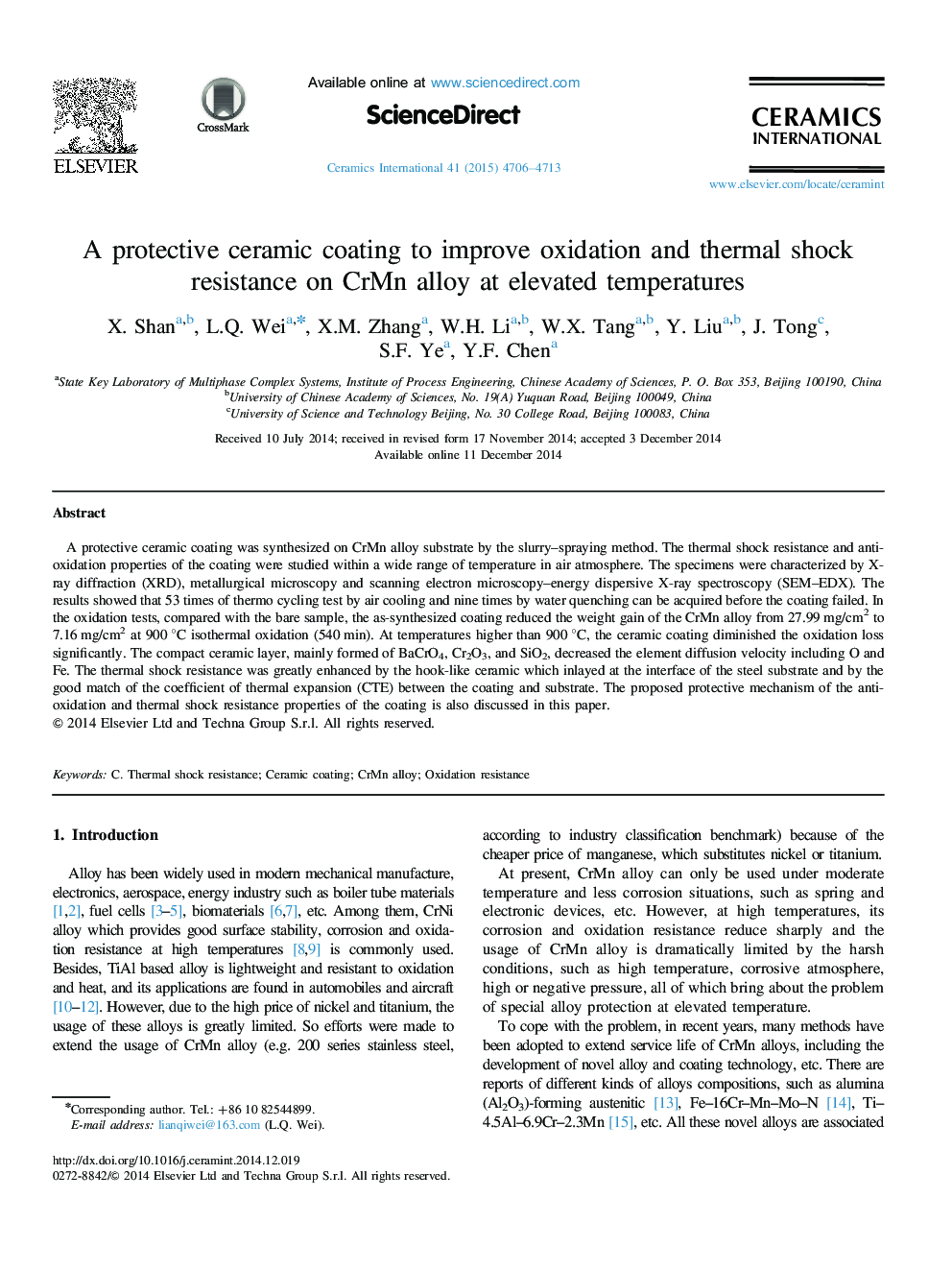 A protective ceramic coating to improve oxidation and thermal shock resistance on CrMn alloy at elevated temperatures