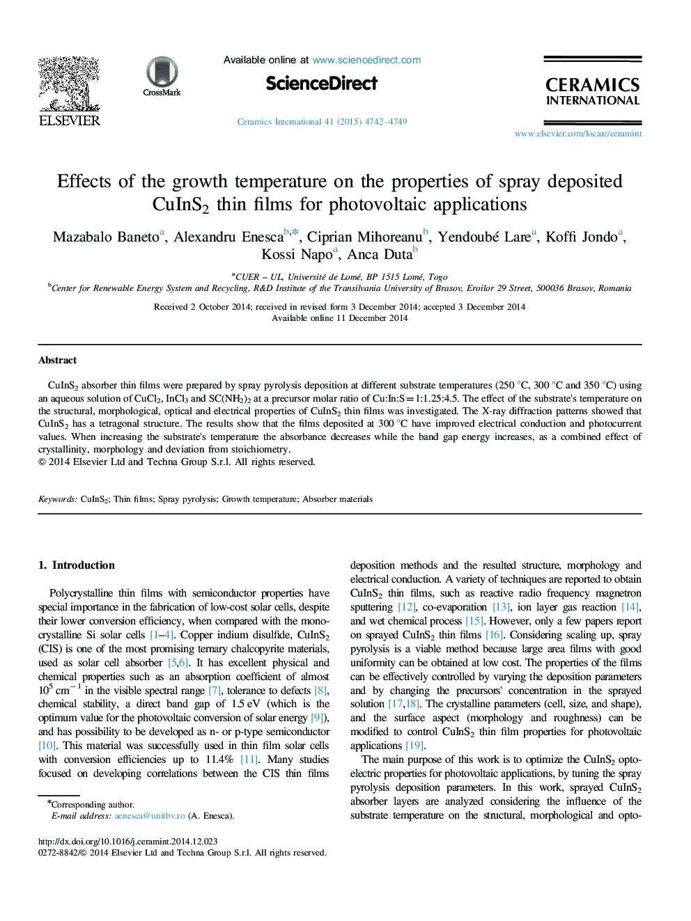 Effects of the growth temperature on the properties of spray deposited CuInS2 thin films for photovoltaic applications