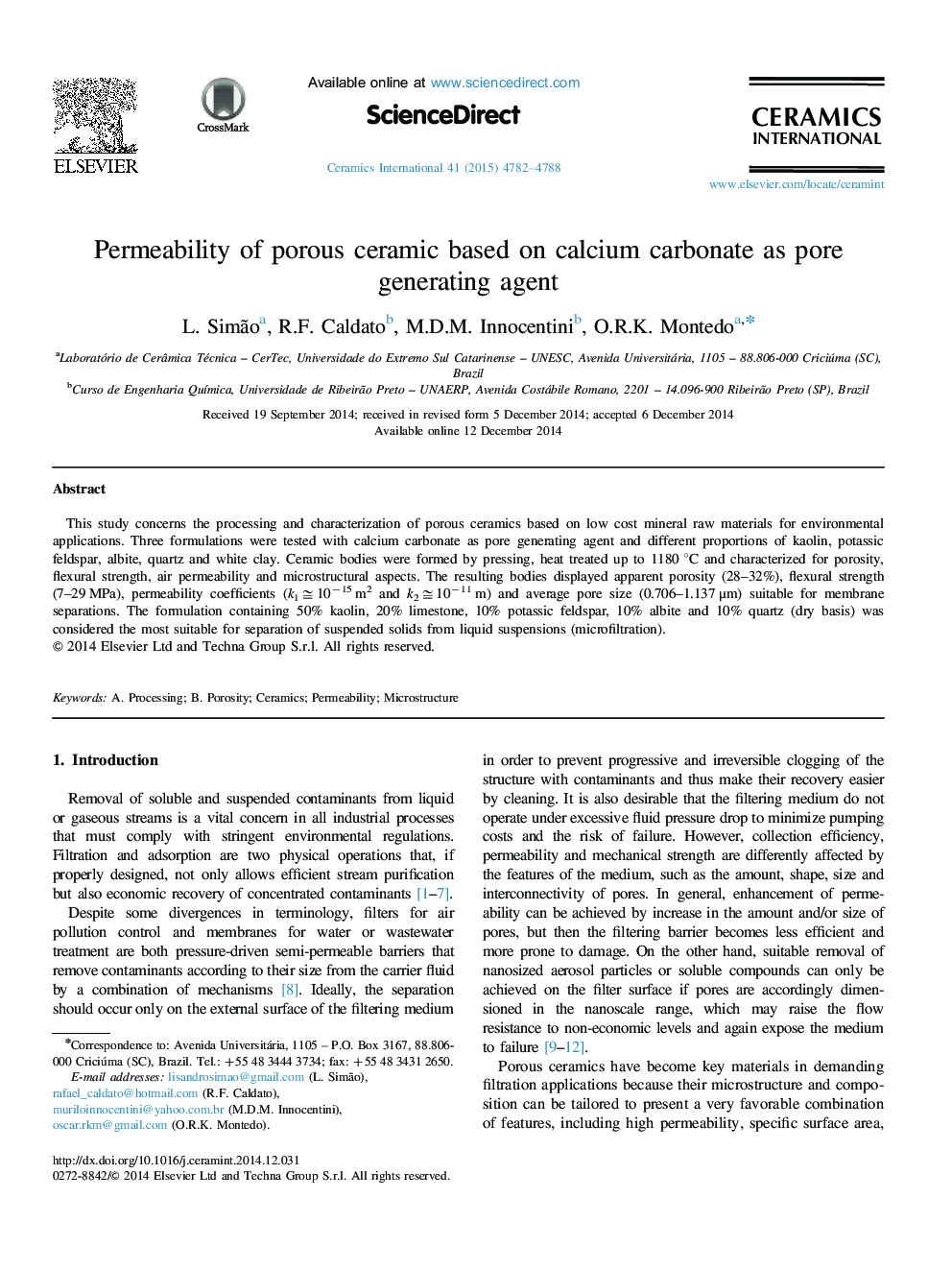 Permeability of porous ceramic based on calcium carbonate as pore generating agent