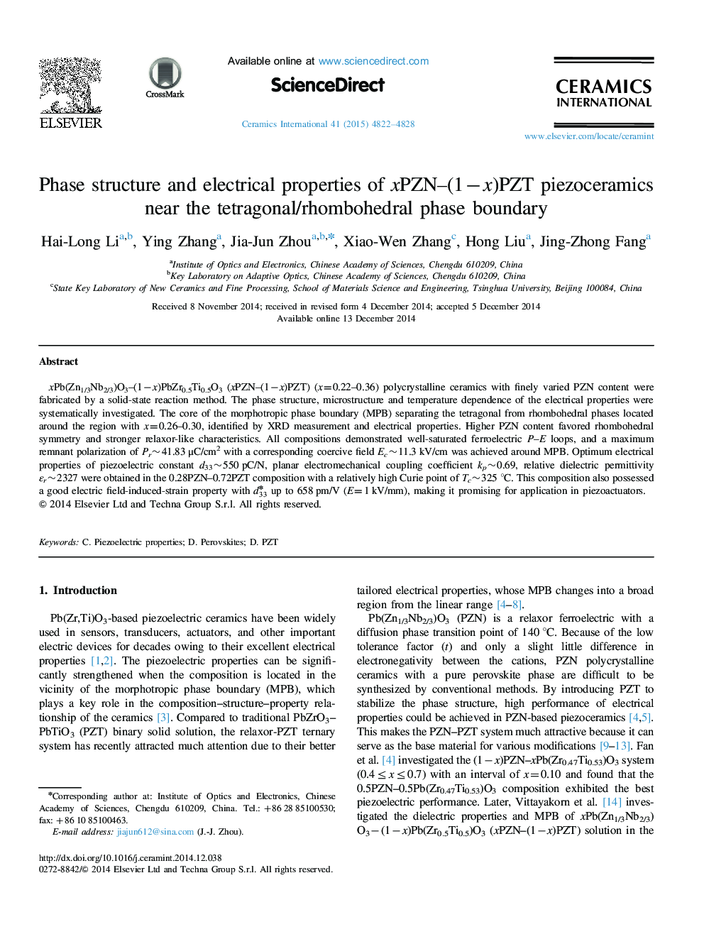 Phase structure and electrical properties of xPZN–(1−x)PZT piezoceramics near the tetragonal/rhombohedral phase boundary