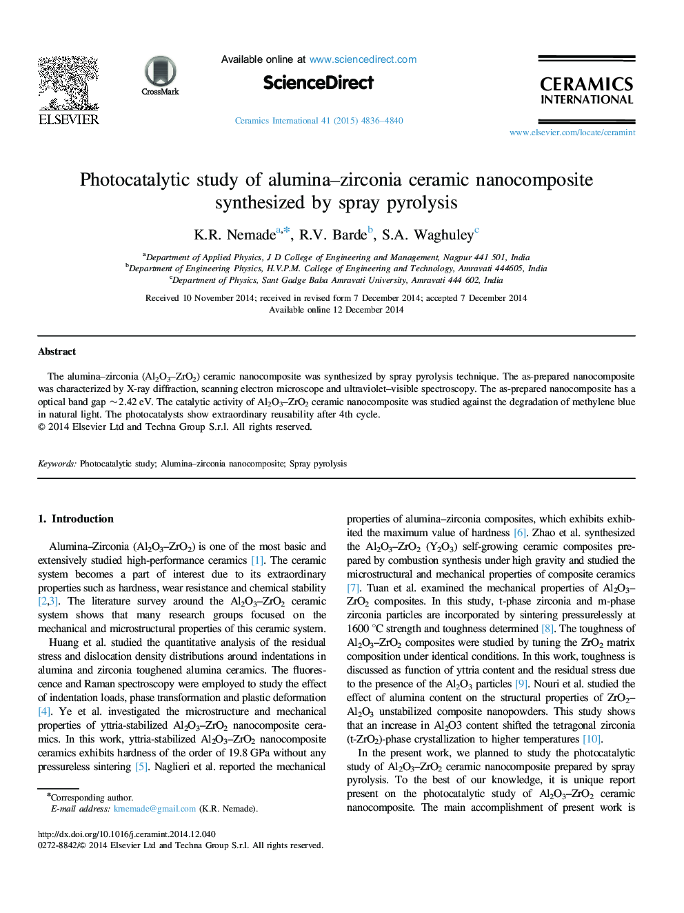 Photocatalytic study of alumina–zirconia ceramic nanocomposite synthesized by spray pyrolysis