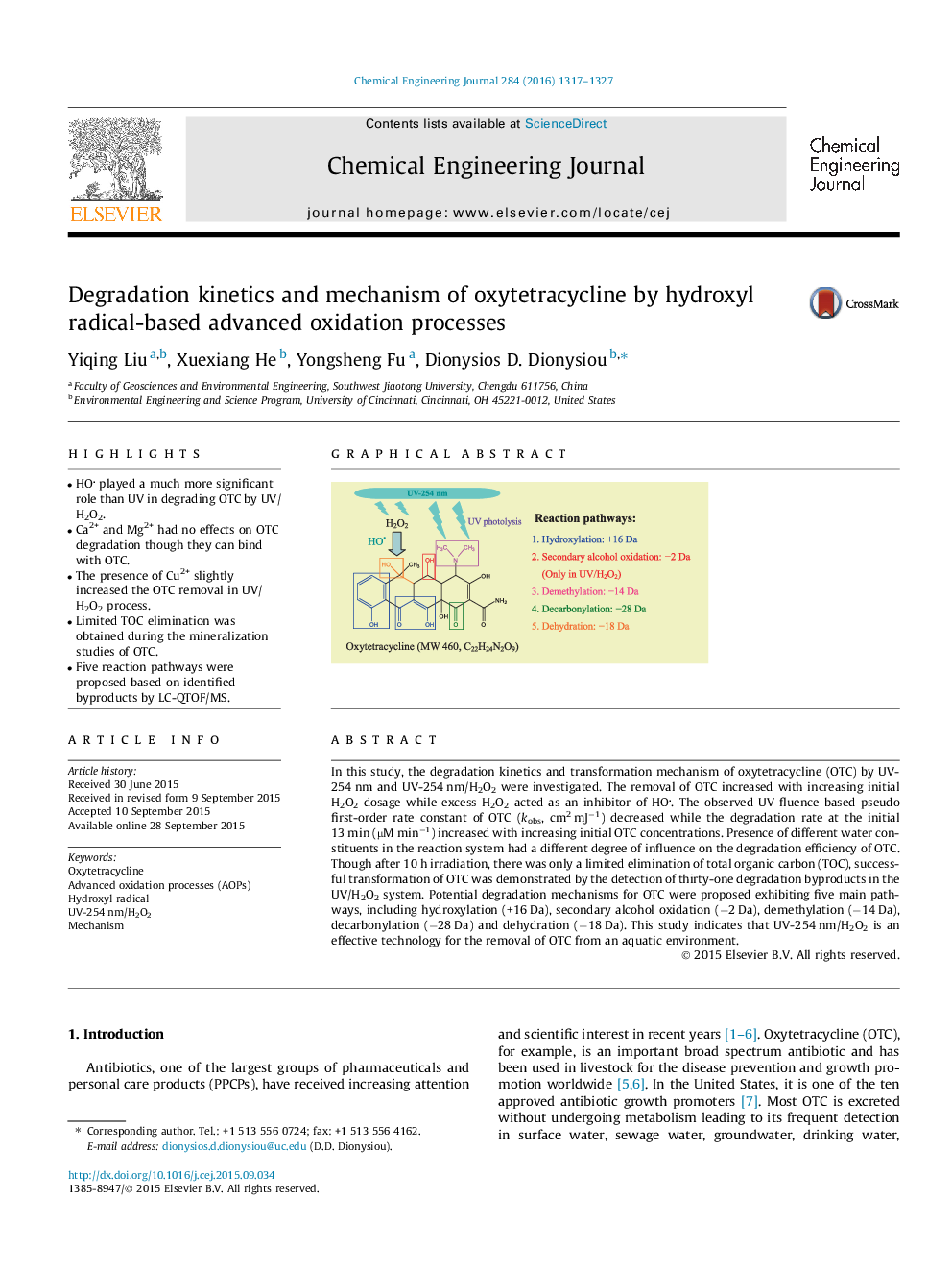 Degradation kinetics and mechanism of oxytetracycline by hydroxyl radical-based advanced oxidation processes