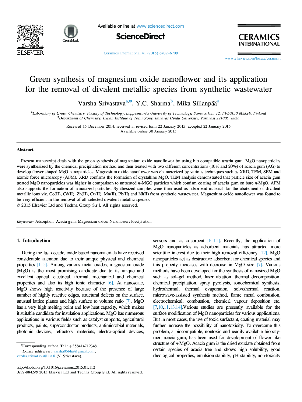 Green synthesis of magnesium oxide nanoflower and its application for the removal of divalent metallic species from synthetic wastewater