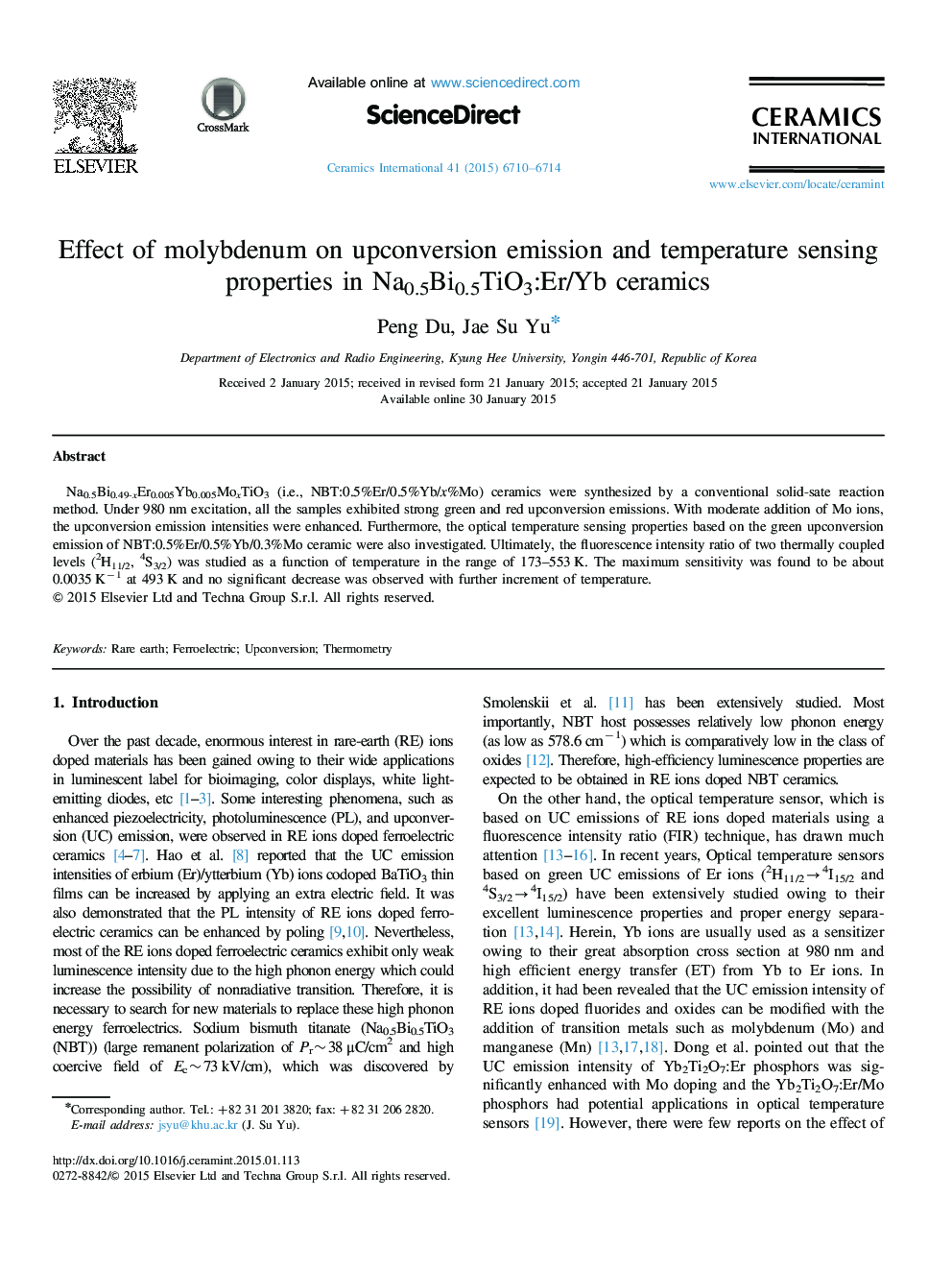 Effect of molybdenum on upconversion emission and temperature sensing properties in Na0.5Bi0.5TiO3:Er/Yb ceramics