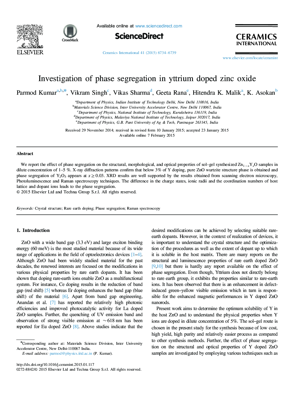 Investigation of phase segregation in yttrium doped zinc oxide