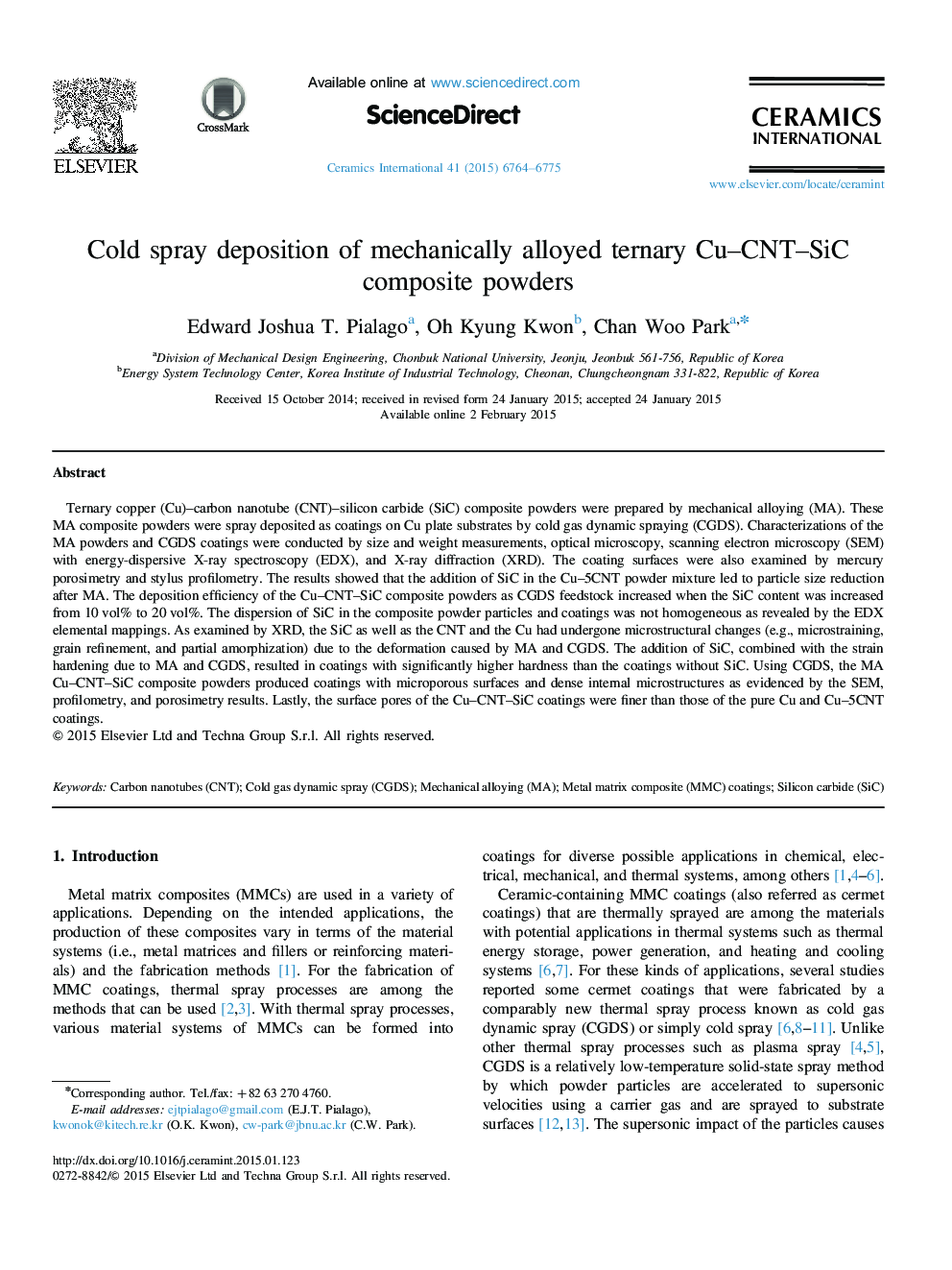 Cold spray deposition of mechanically alloyed ternary Cu–CNT–SiC composite powders