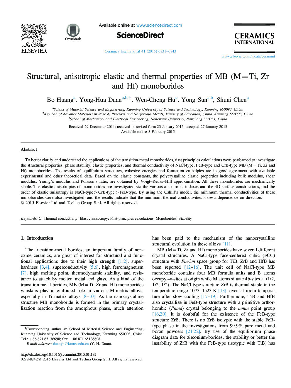 Structural, anisotropic elastic and thermal properties of MB (M=Ti, Zr and Hf) monoborides