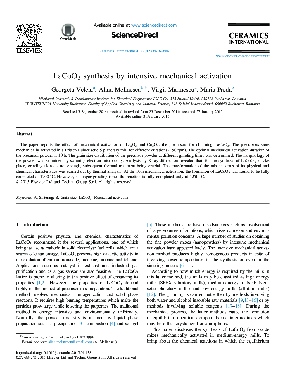 LaCoO3 synthesis by intensive mechanical activation