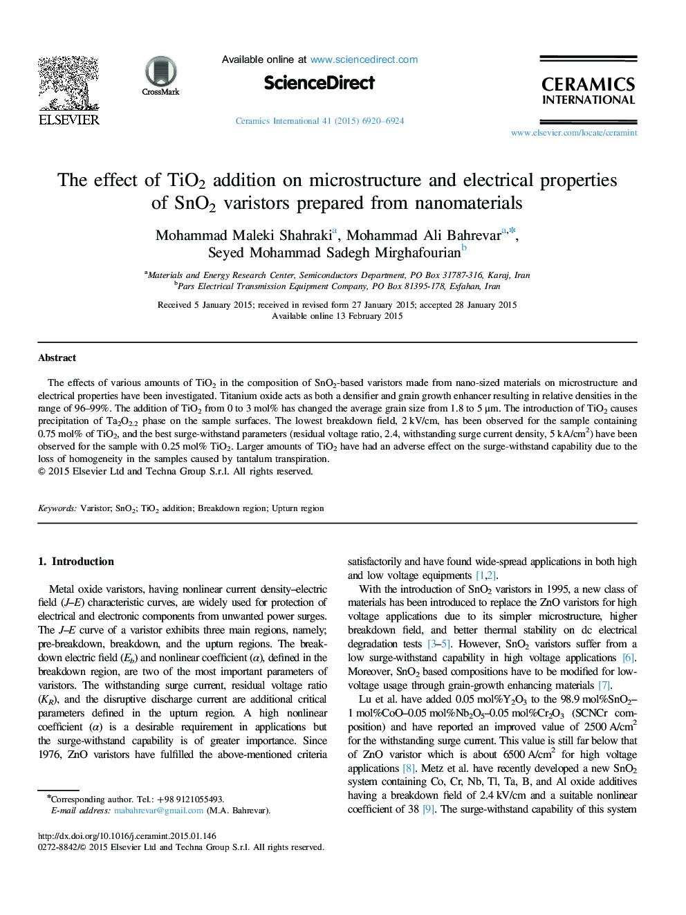 The effect of TiO2 addition on microstructure and electrical properties of SnO2 varistors prepared from nanomaterials