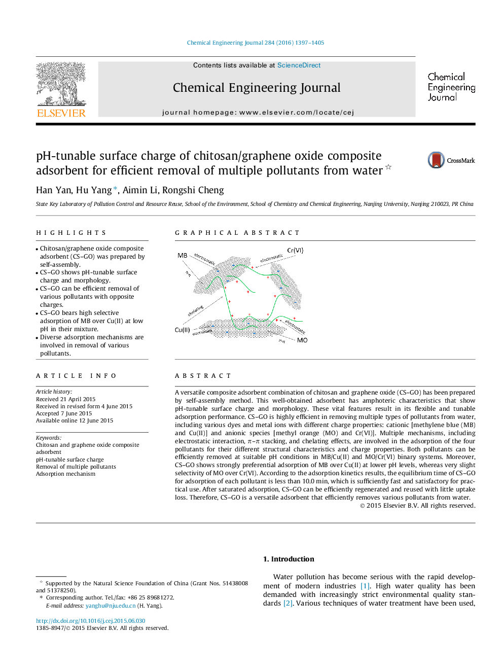 pH-tunable surface charge of chitosan/graphene oxide composite adsorbent for efficient removal of multiple pollutants from water 