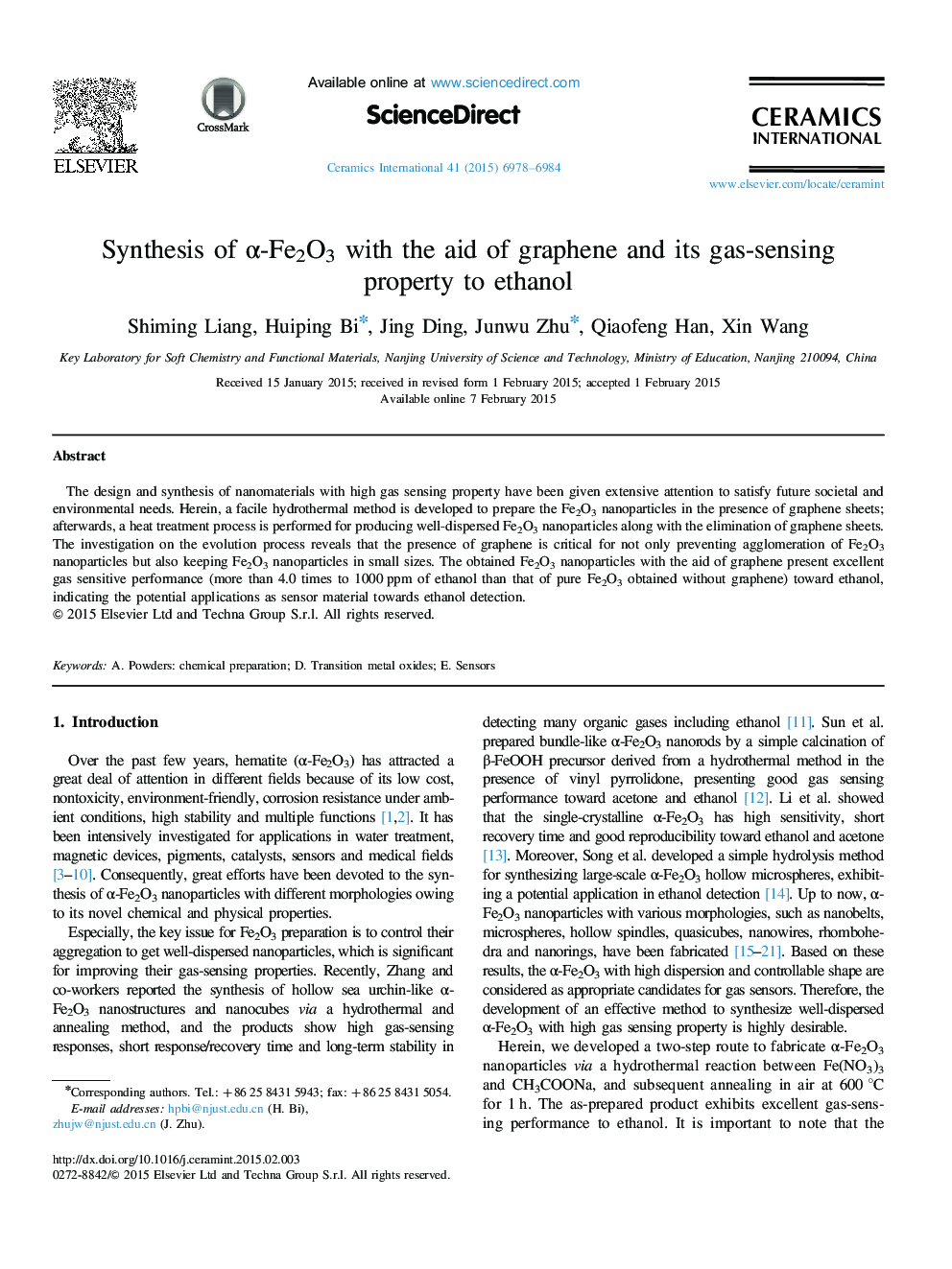 Synthesis of α-Fe2O3 with the aid of graphene and its gas-sensing property to ethanol