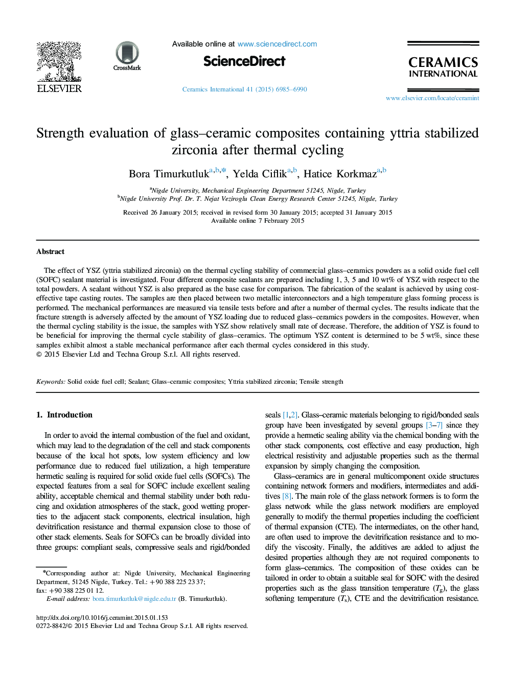 Strength evaluation of glass–ceramic composites containing yttria stabilized zirconia after thermal cycling