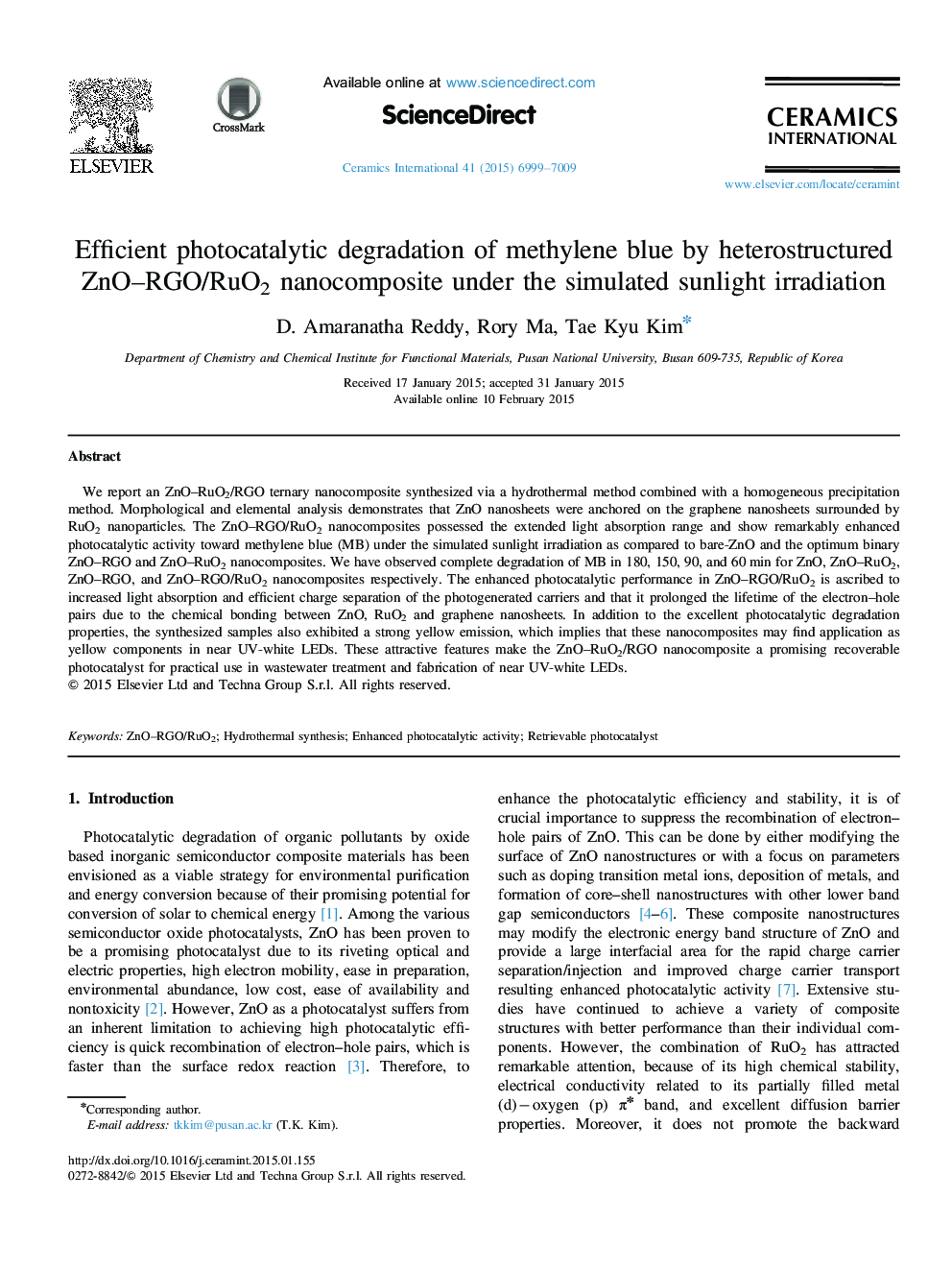 Efficient photocatalytic degradation of methylene blue by heterostructured ZnO–RGO/RuO2 nanocomposite under the simulated sunlight irradiation