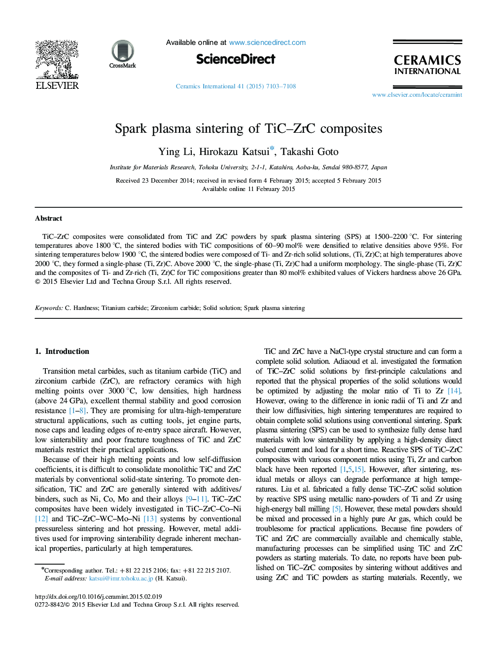 Spark plasma sintering of TiC–ZrC composites