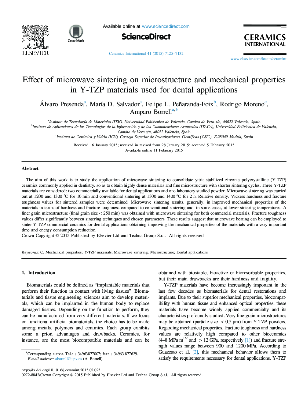 Effect of microwave sintering on microstructure and mechanical properties in Y-TZP materials used for dental applications