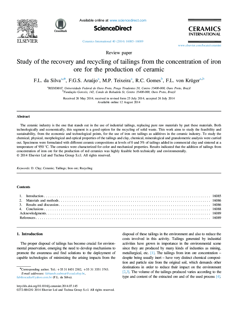 Study of the recovery and recycling of tailings from the concentration of iron ore for the production of ceramic