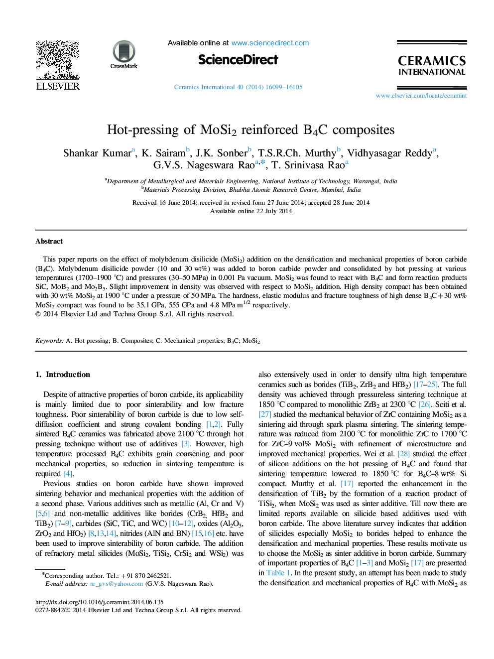 Hot-pressing of MoSi2 reinforced B4C composites