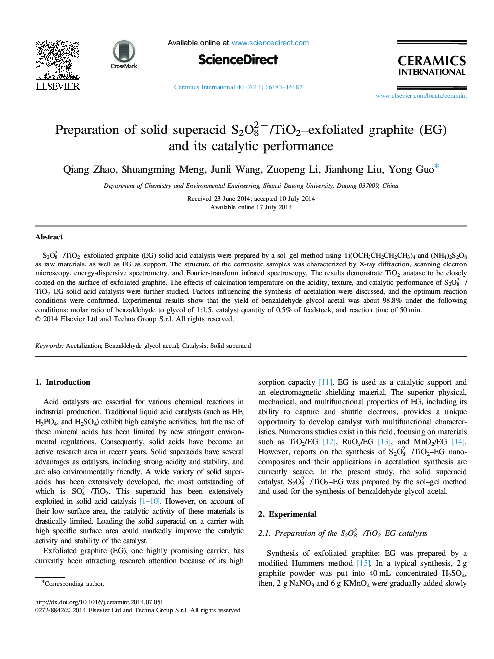 Preparation of solid superacid S2O82−/TiO2–exfoliated graphite (EG) and its catalytic performance