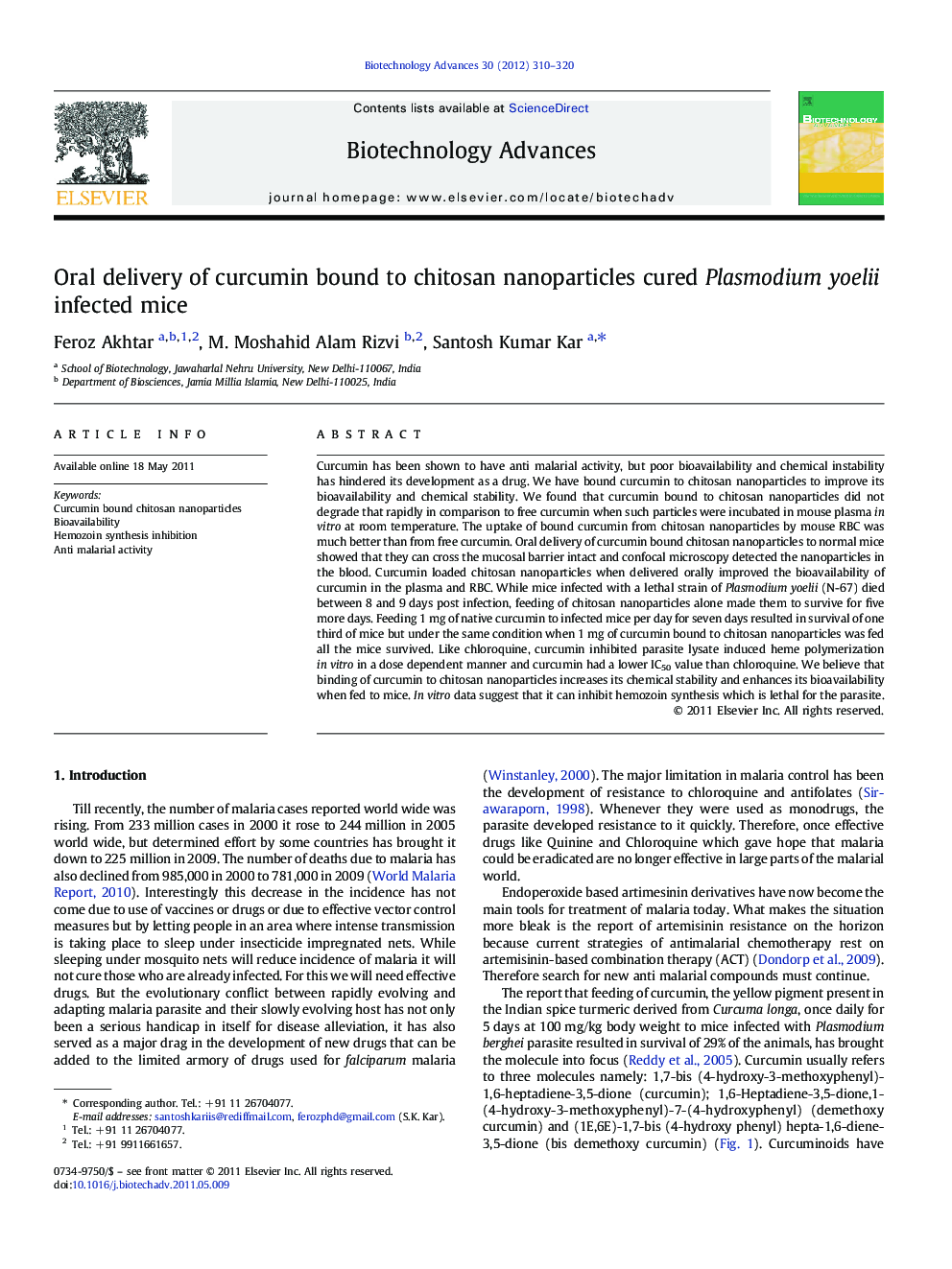 Oral delivery of curcumin bound to chitosan nanoparticles cured Plasmodium yoelii infected mice