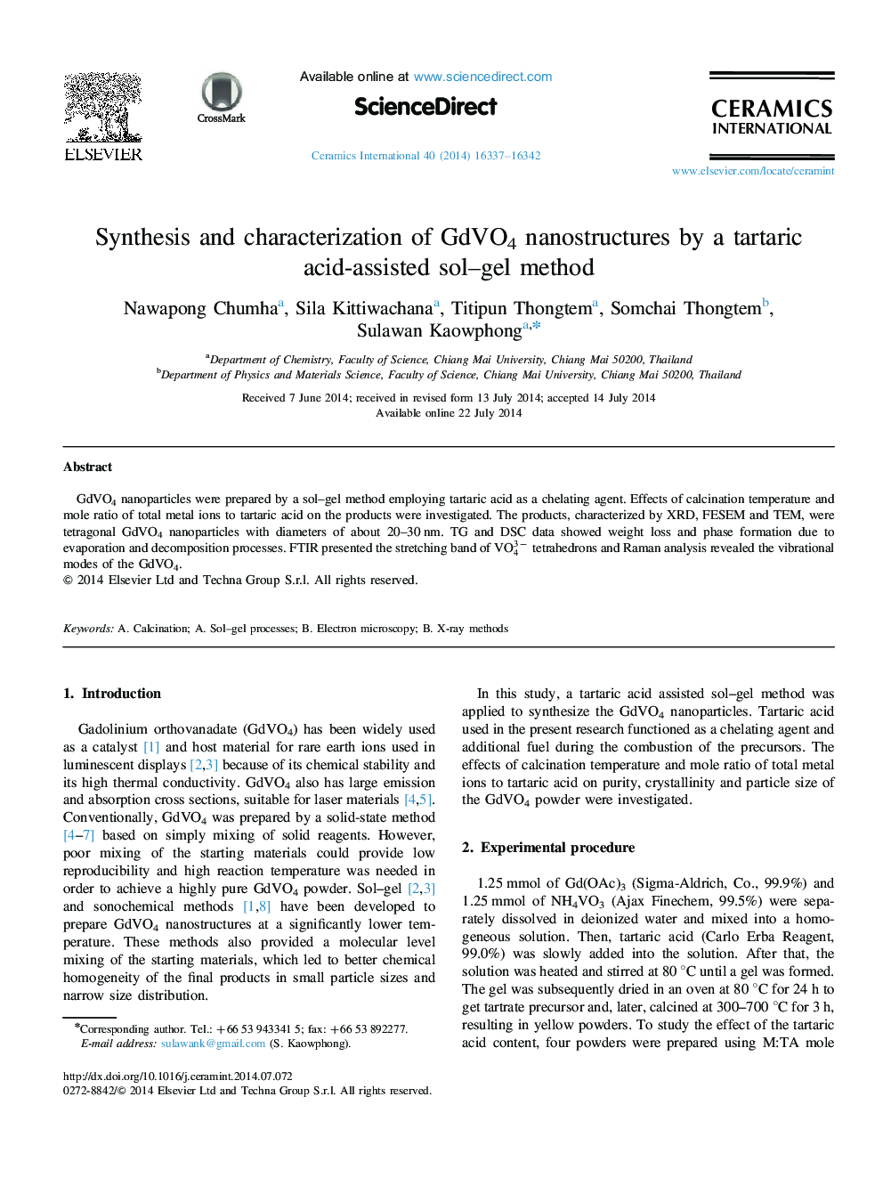 Synthesis and characterization of GdVO4 nanostructures by a tartaric acid-assisted sol-gel method