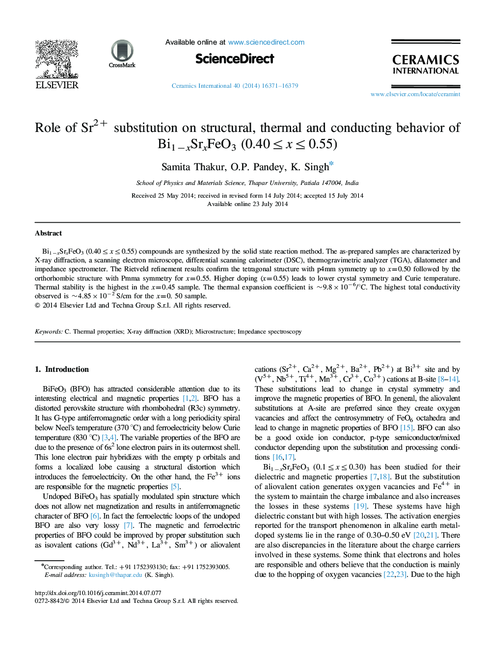 Role of Sr2+ substitution on structural, thermal and conducting behavior of Bi1−xSrxFeO3 (0.40≤x≤0.55)