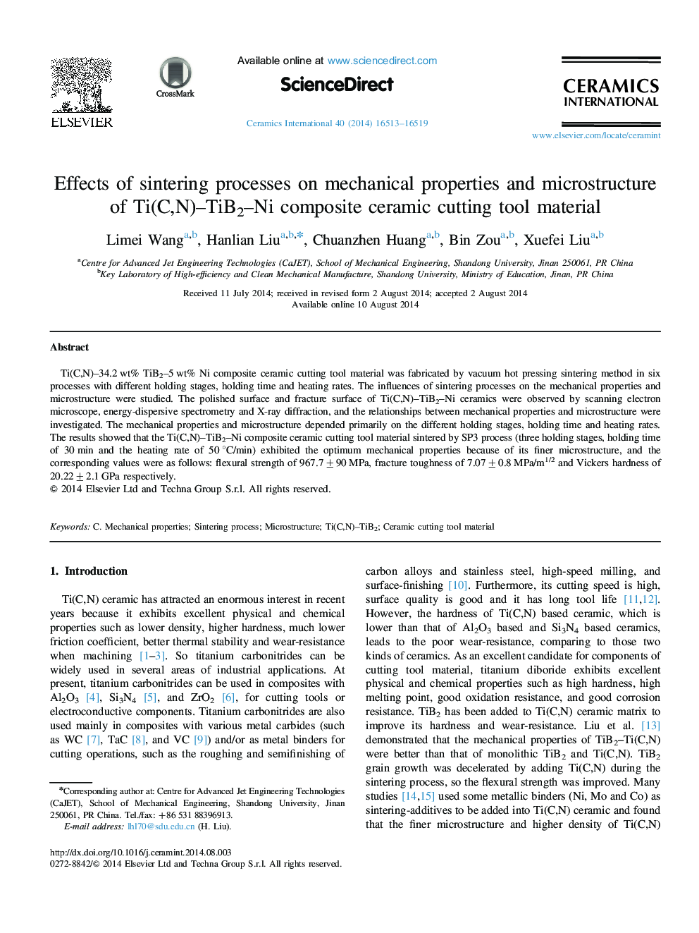 Effects of sintering processes on mechanical properties and microstructure of Ti(C,N)–TiB2–Ni composite ceramic cutting tool material