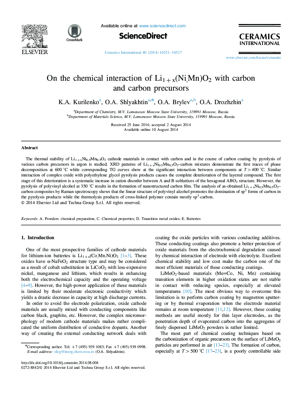 On the chemical interaction of Li1+x(Ni,Mn)O2 with carbon and carbon precursors