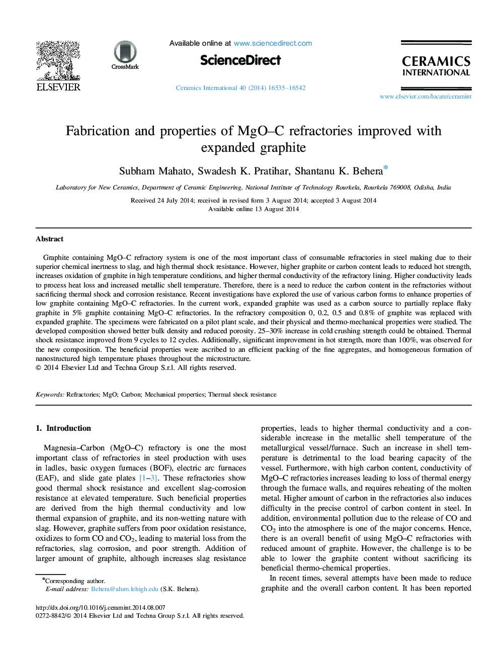 Fabrication and properties of MgO–C refractories improved with expanded graphite