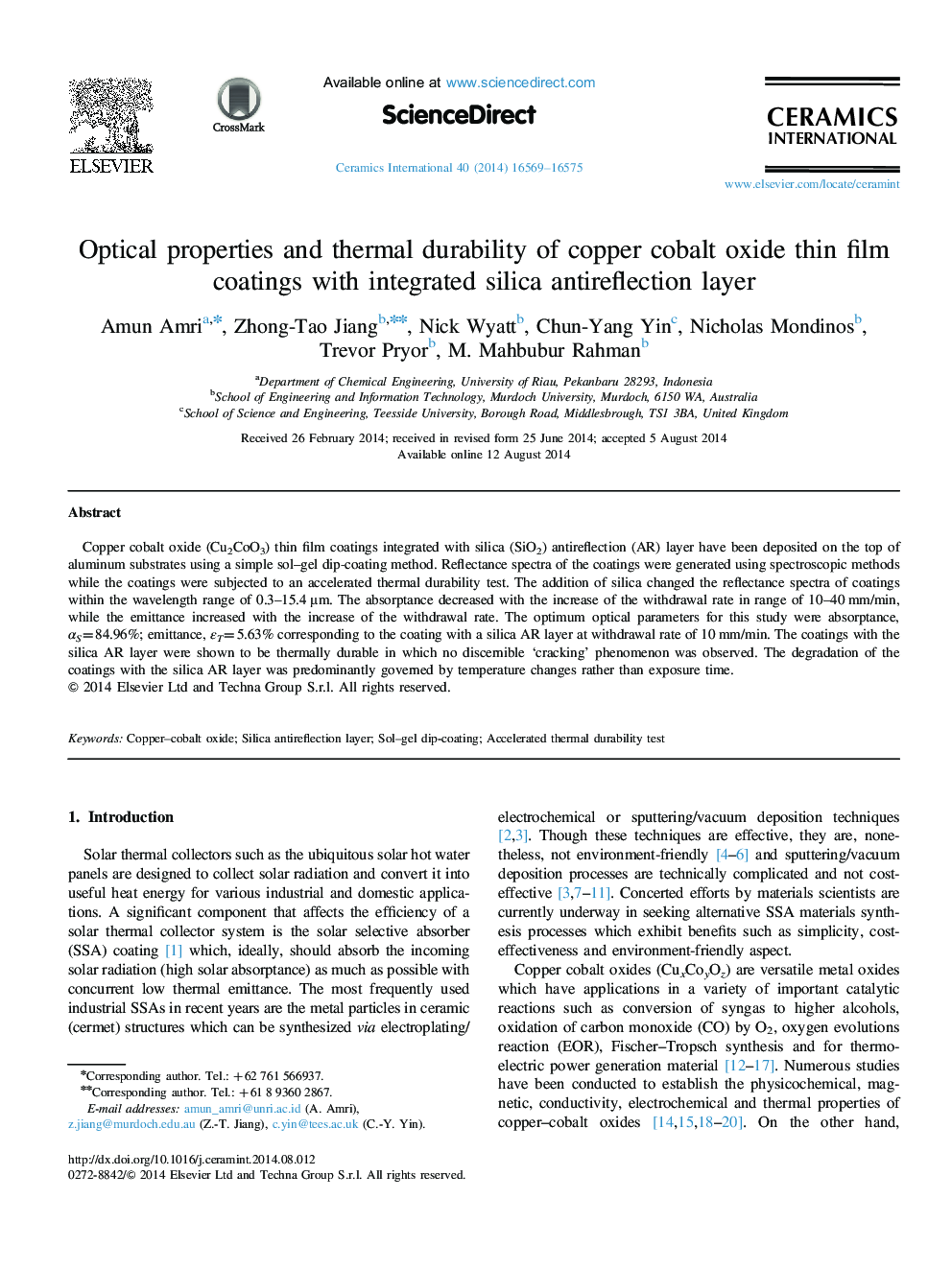 Optical properties and thermal durability of copper cobalt oxide thin film coatings with integrated silica antireflection layer