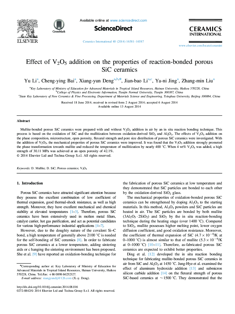 Effect of V2O5 addition on the properties of reaction-bonded porous SiC ceramics