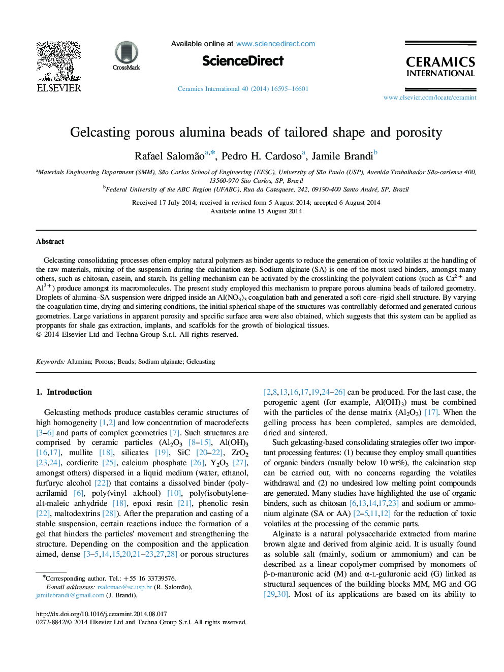 Gelcasting porous alumina beads of tailored shape and porosity