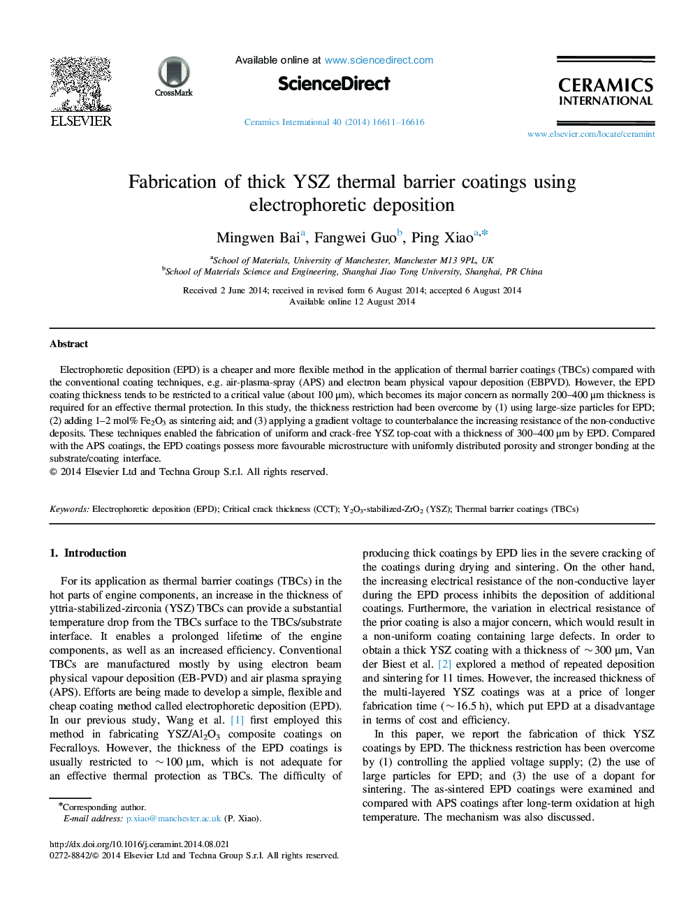 Fabrication of thick YSZ thermal barrier coatings using electrophoretic deposition