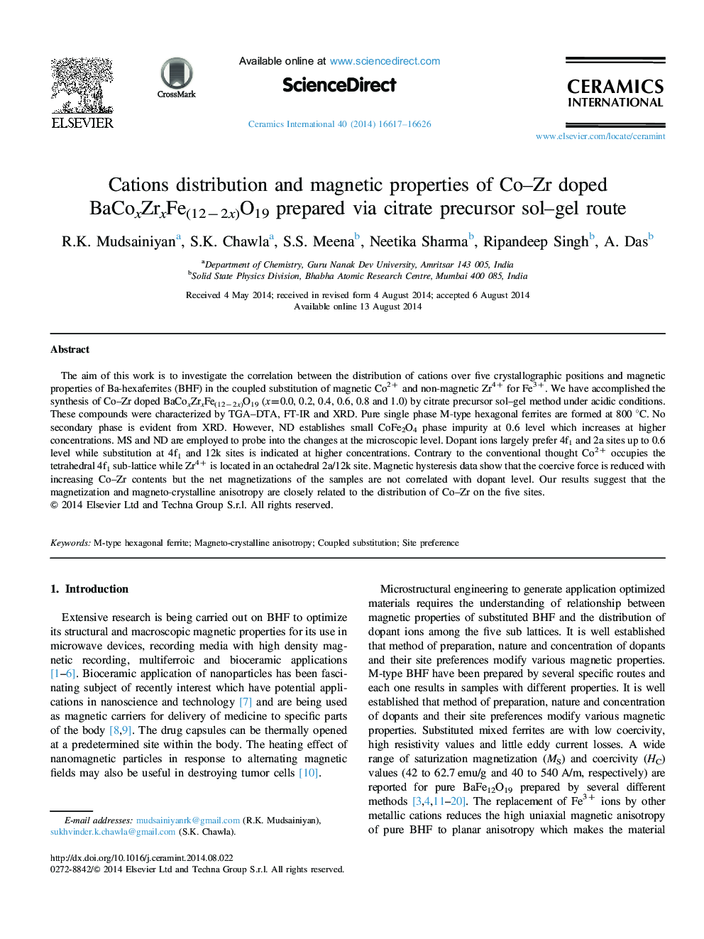 Cations distribution and magnetic properties of Co–Zr doped BaCoxZrxFe(12−2x)O19 prepared via citrate precursor sol–gel route