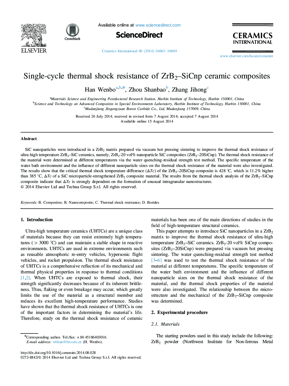 Single-cycle thermal shock resistance of ZrB2–SiCnp ceramic composites