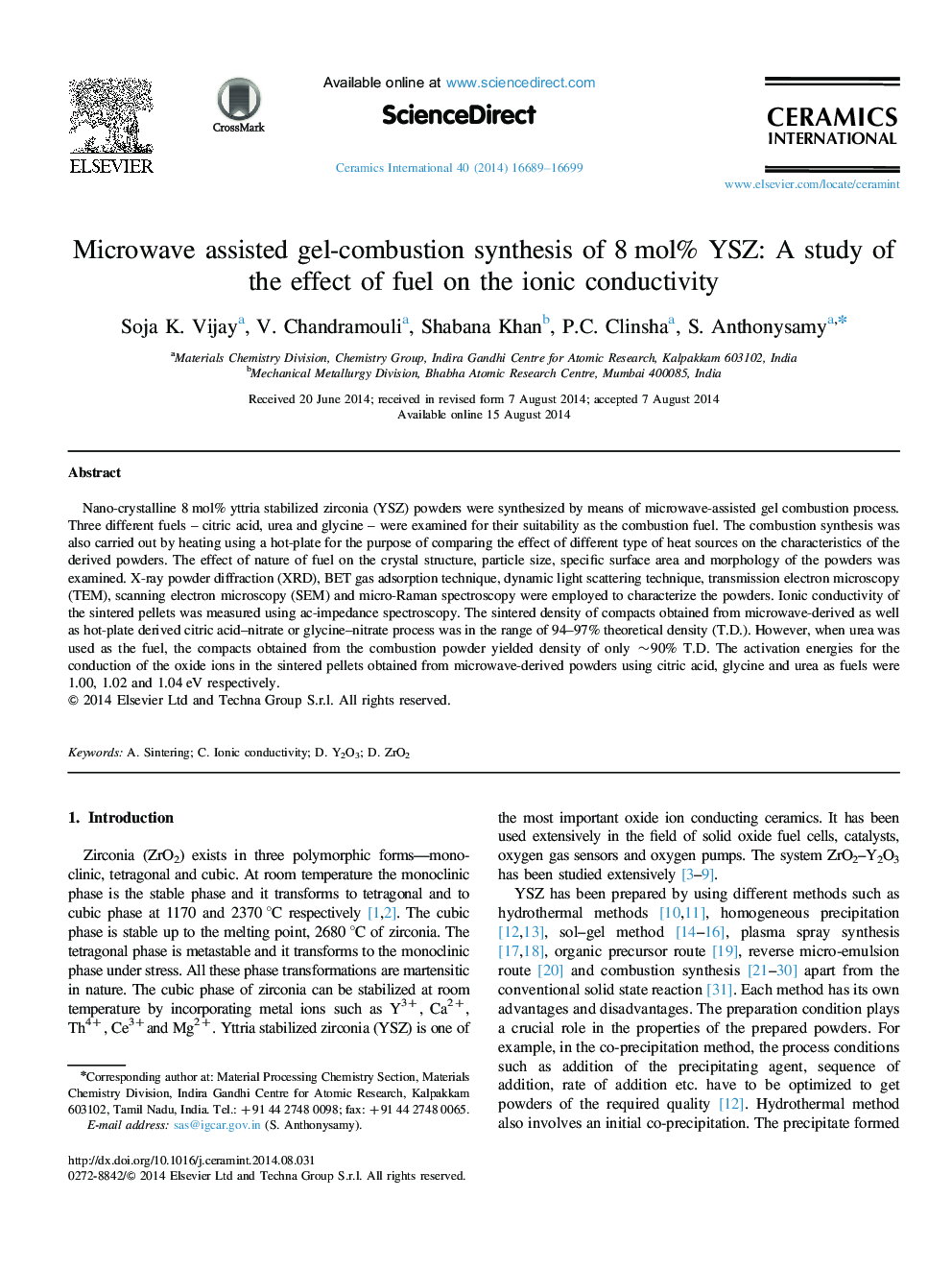 Microwave assisted gel-combustion synthesis of 8 mol% YSZ: A study of the effect of fuel on the ionic conductivity