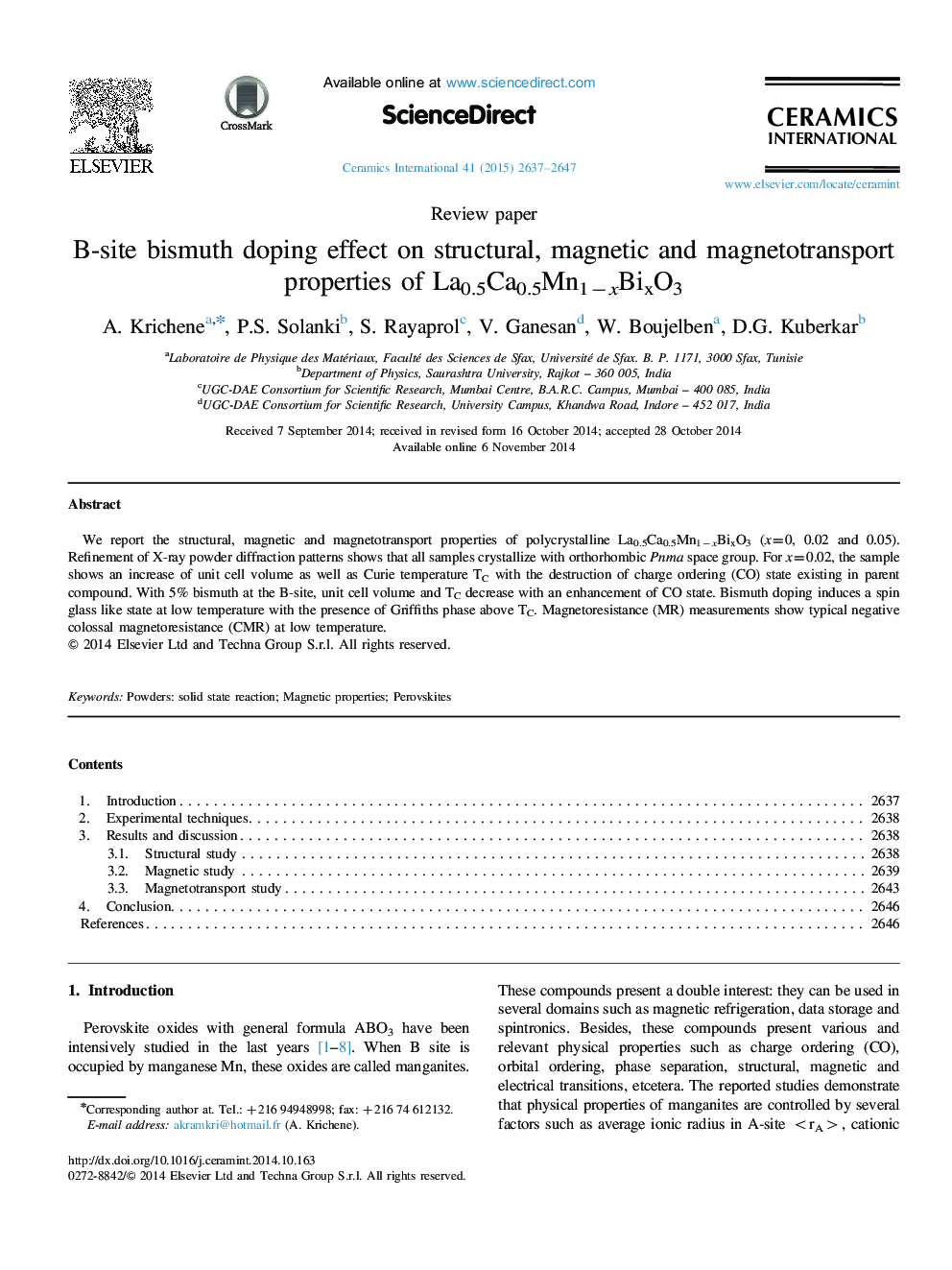 عکس صفحه اول مقاله: B-site bismuth doping effect on structural, magnetic and magnetotransport properties of La0.5Ca0.5Mn1−xBixO3 B-site bismuth doping effect on structural, magnetic and magnetotransport properties of La0.5Ca0.5Mn1−xBixO3