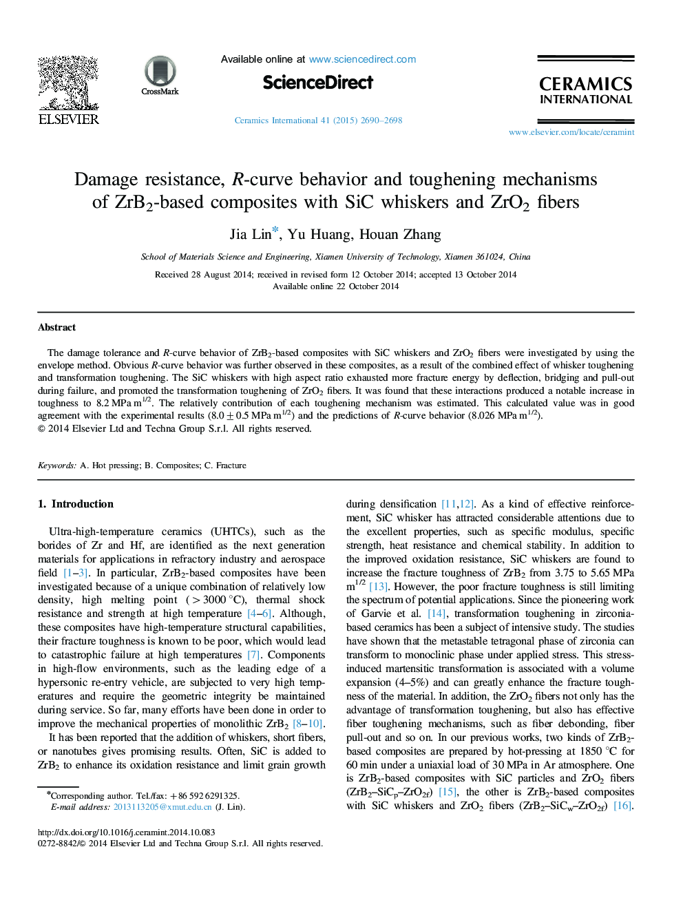 Damage resistance, R-curve behavior and toughening mechanisms of ZrB2-based composites with SiC whiskers and ZrO2 fibers