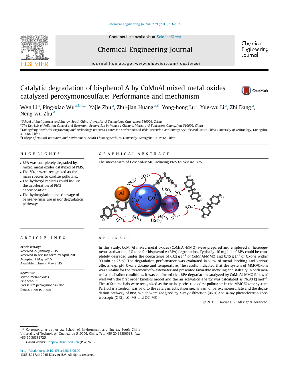 Catalytic degradation of bisphenol A by CoMnAl mixed metal oxides catalyzed peroxymonosulfate: Performance and mechanism