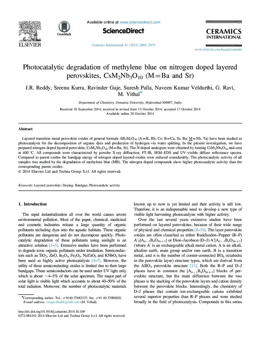 Photocatalytic degradation of methylene blue on nitrogen doped layered perovskites, CsM2Nb3O10 (M=Ba and Sr)