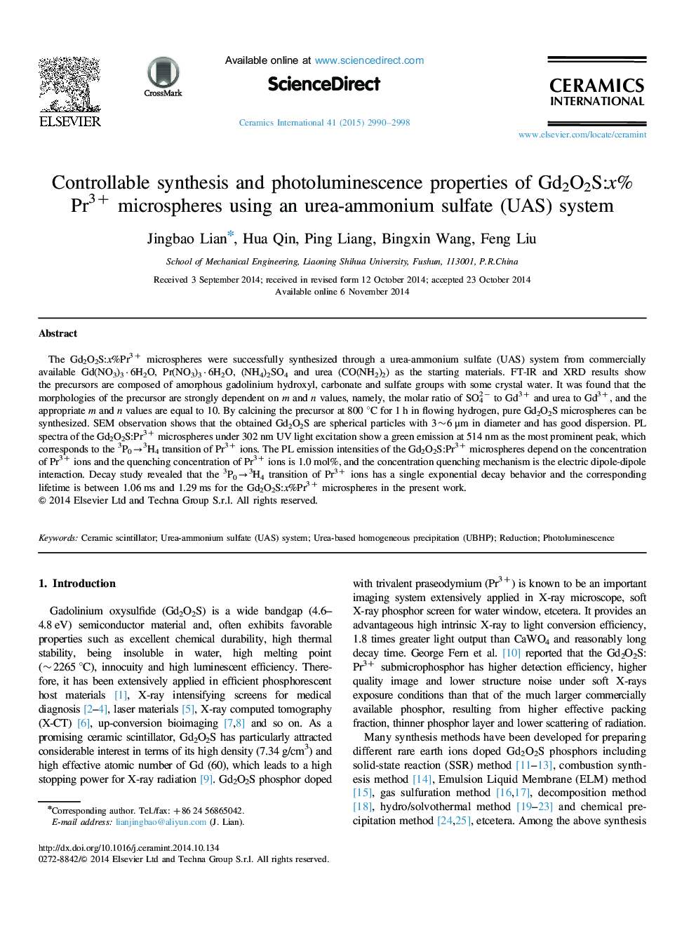 Controllable synthesis and photoluminescence properties of Gd2O2S:x%Pr3+ microspheres using an urea-ammonium sulfate (UAS) system