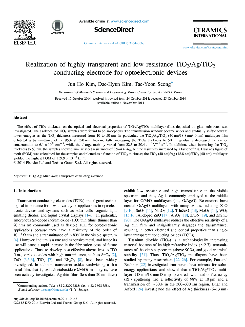 Realization of highly transparent and low resistance TiO2/Ag/TiO2 conducting electrode for optoelectronic devices