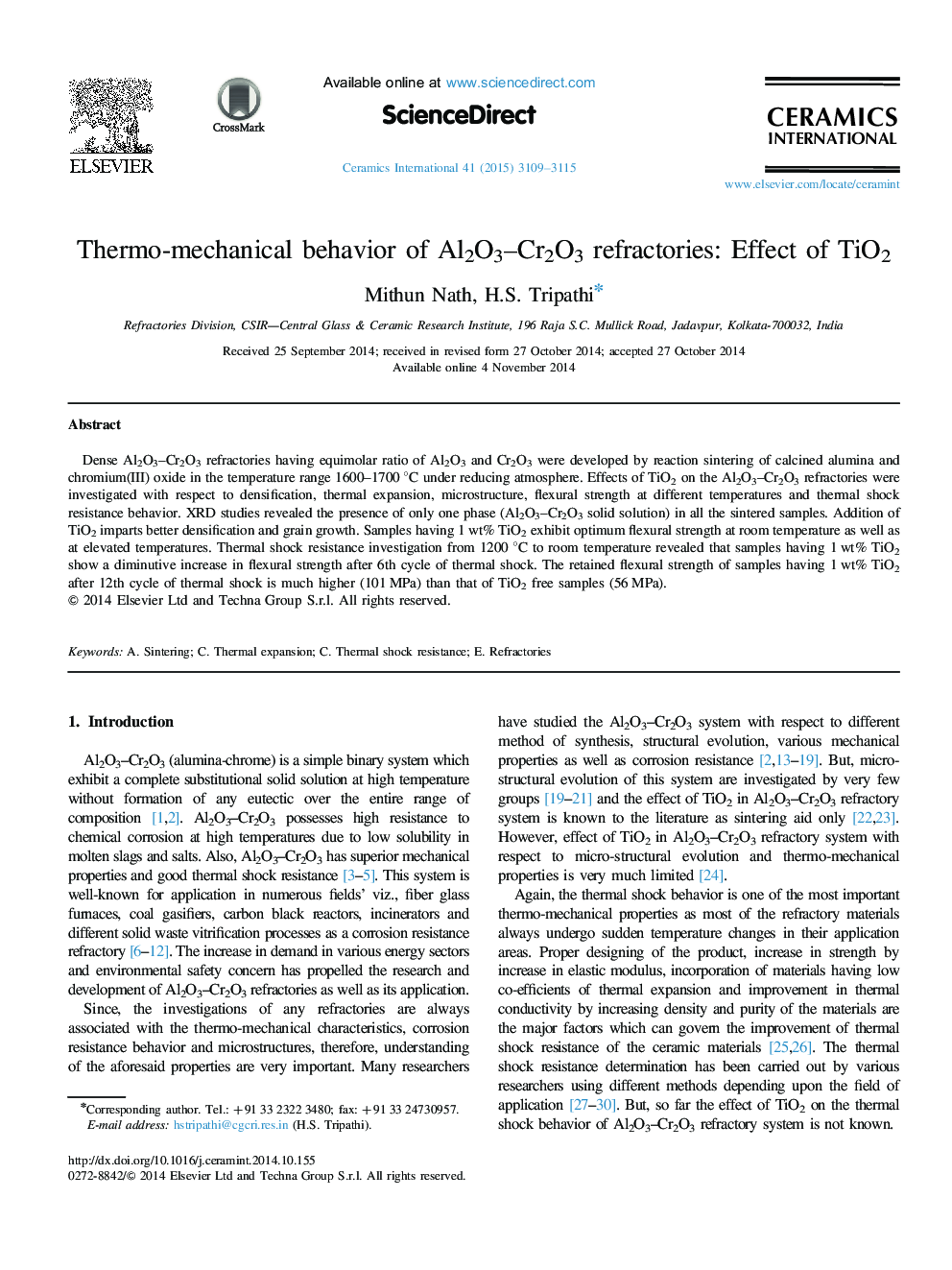 Thermo-mechanical behavior of Al2O3–Cr2O3 refractories: Effect of TiO2