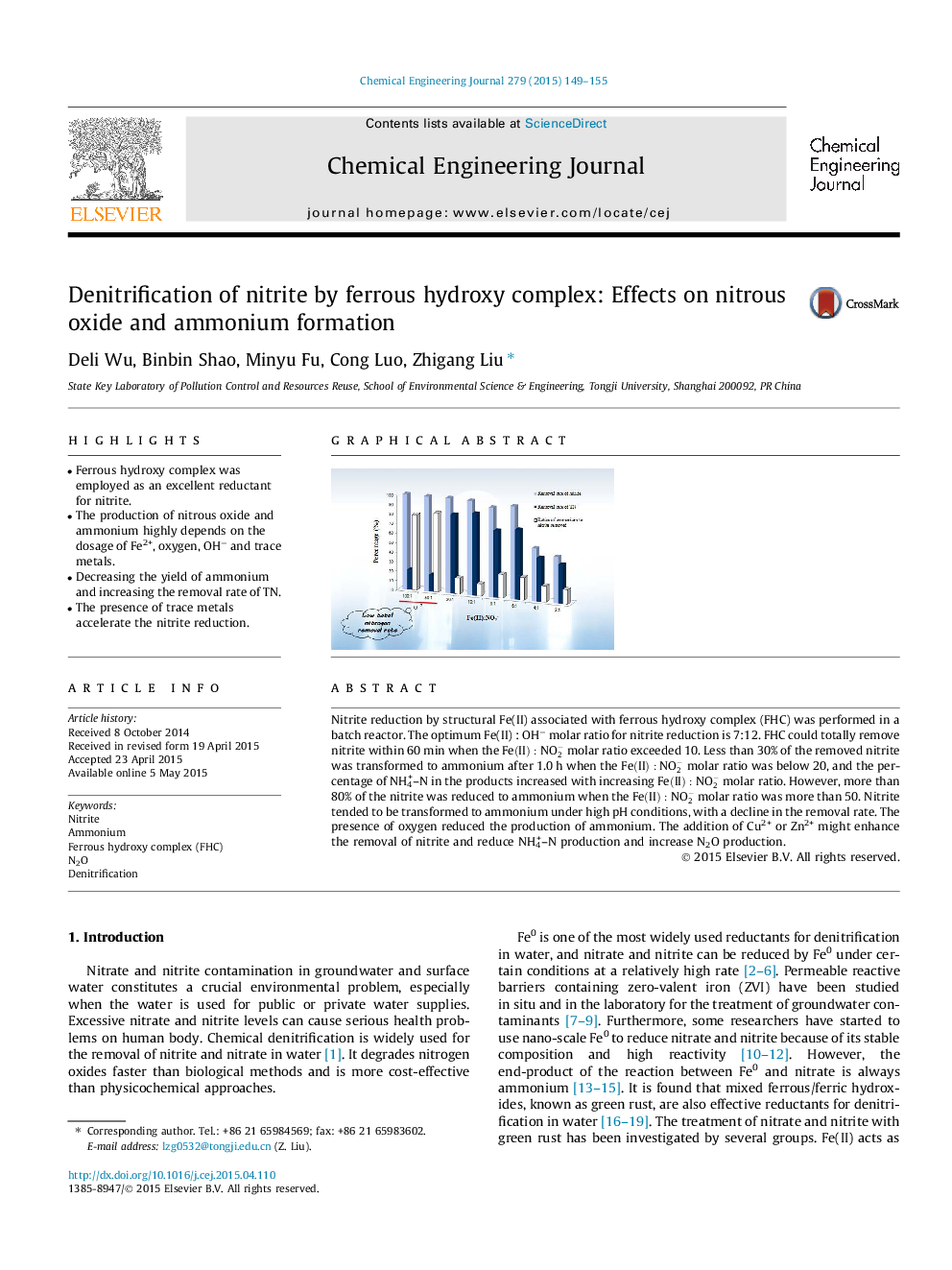 Denitrification of nitrite by ferrous hydroxy complex: Effects on nitrous oxide and ammonium formation