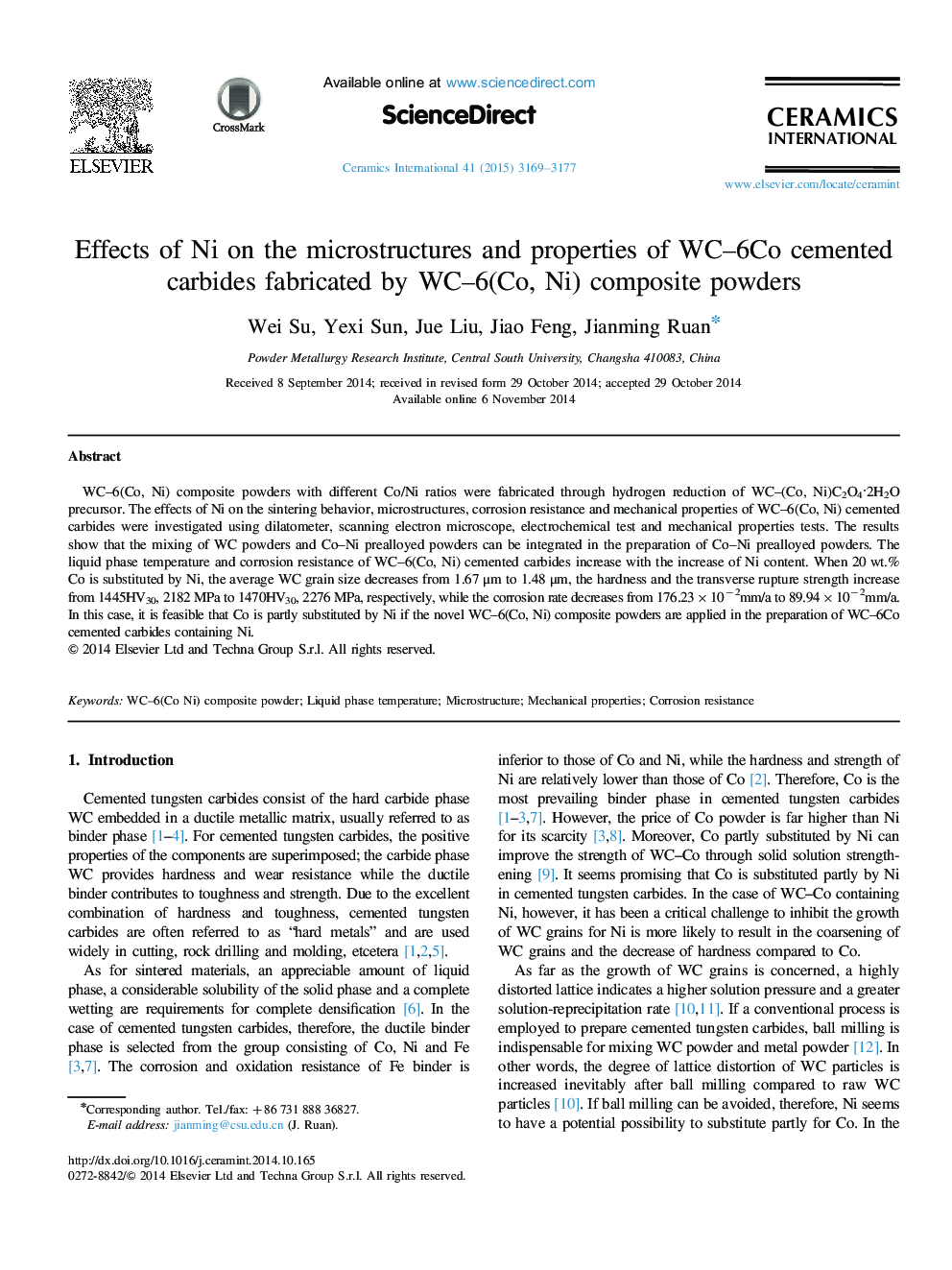 عکس صفحه اول مقاله: Effects of Ni on the microstructures and properties of WC–6Co cemented carbides fabricated by WC–6(Co, Ni) composite powders Effects of Ni on the microstructures and properties of WC–6Co cemented carbides fabricated by WC–6(Co, Ni) composite powders