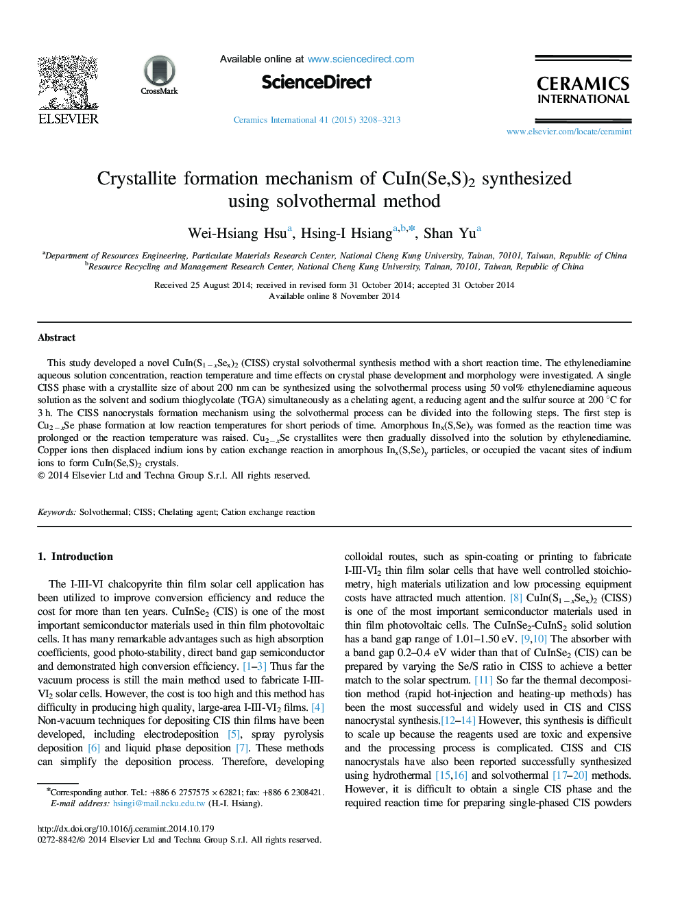 Crystallite formation mechanism of CuIn(Se,S)2 synthesized using solvothermal method