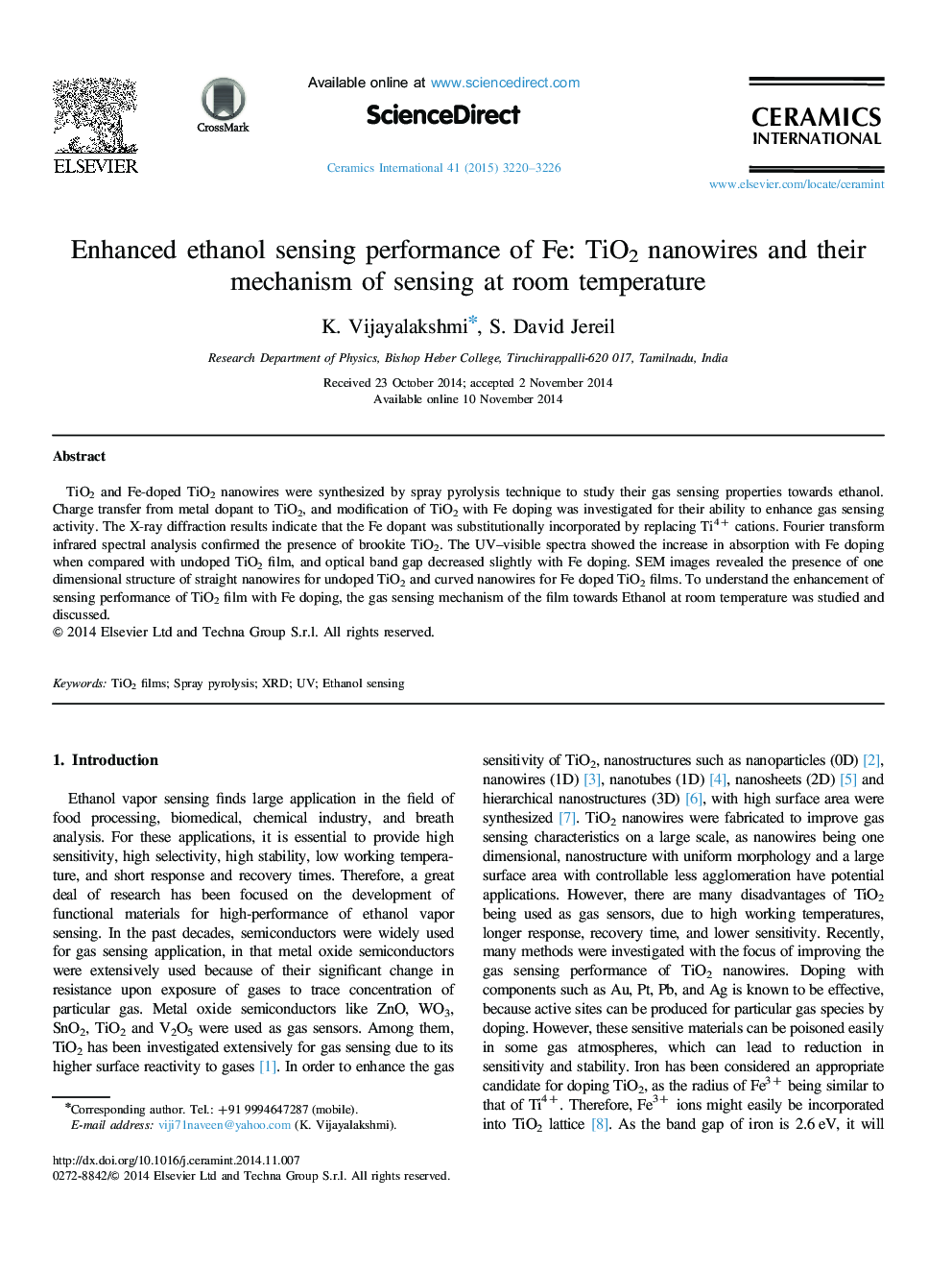 Enhanced ethanol sensing performance of Fe: TiO2 nanowires and their mechanism of sensing at room temperature
